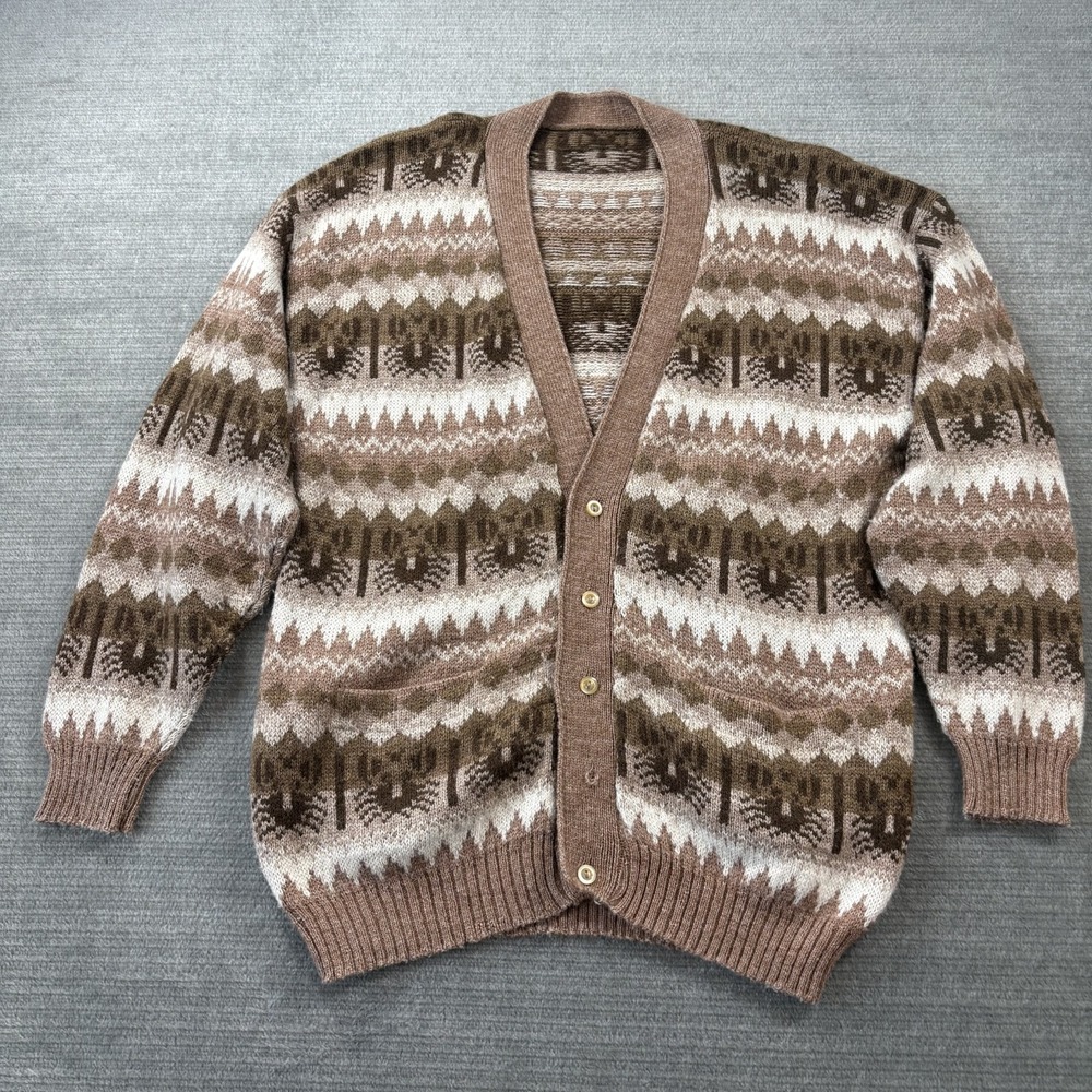 Vintage Fair Isle Grandpa Cardigan Mens M Tan Brown Pockets Cat Eye Buttons